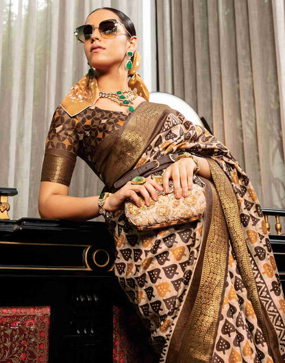 Beige Cotton Woven Printed Saree