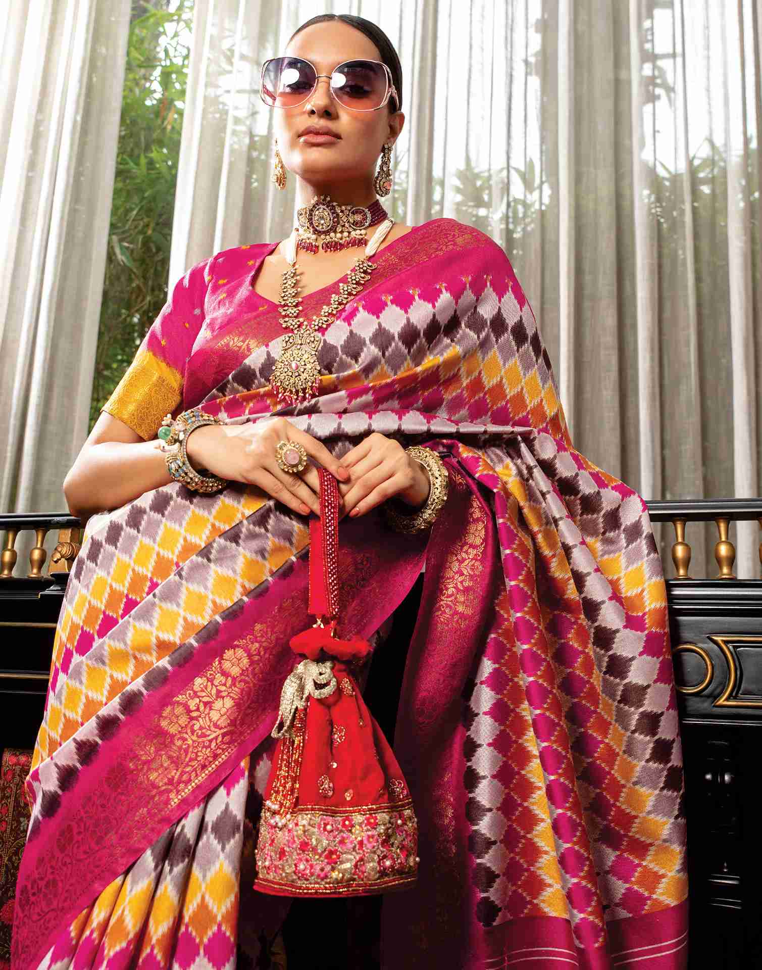 Rani Pink Cotton Geometric Printed Saree