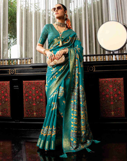 Teal Blue Cotton Woven Printed Saree