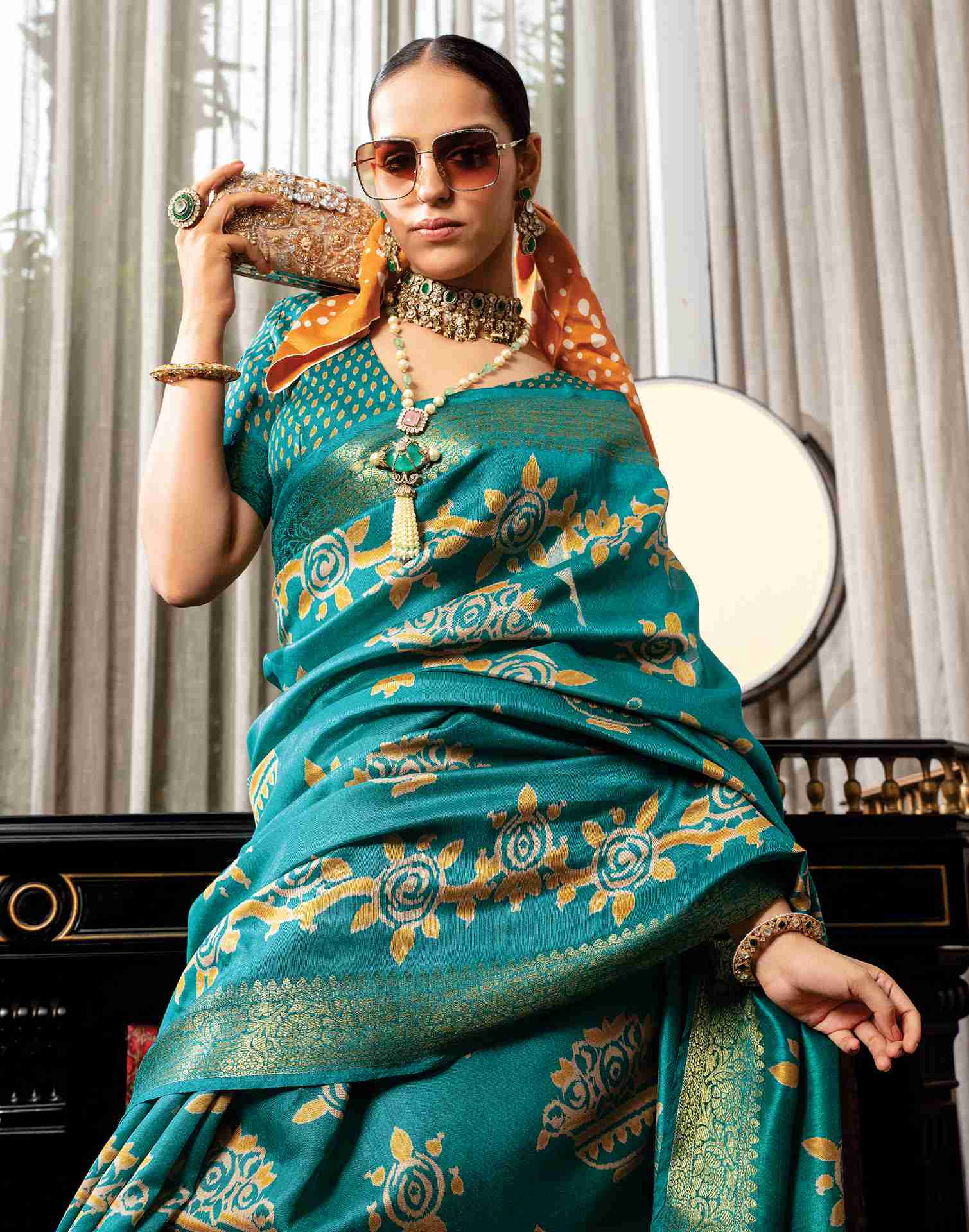 Teal Blue Cotton Woven Printed Saree