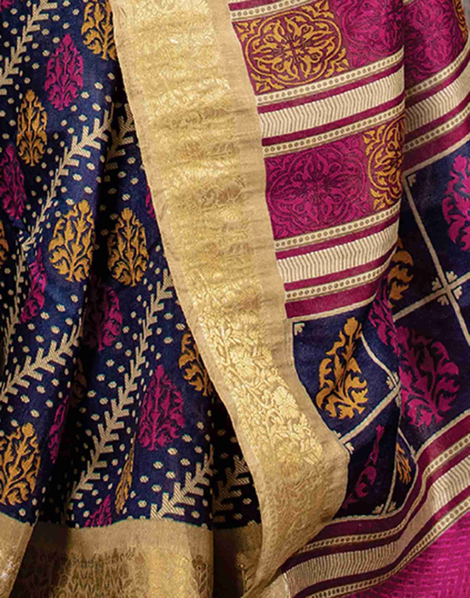 Navy Blue Cotton Woven Printed Saree