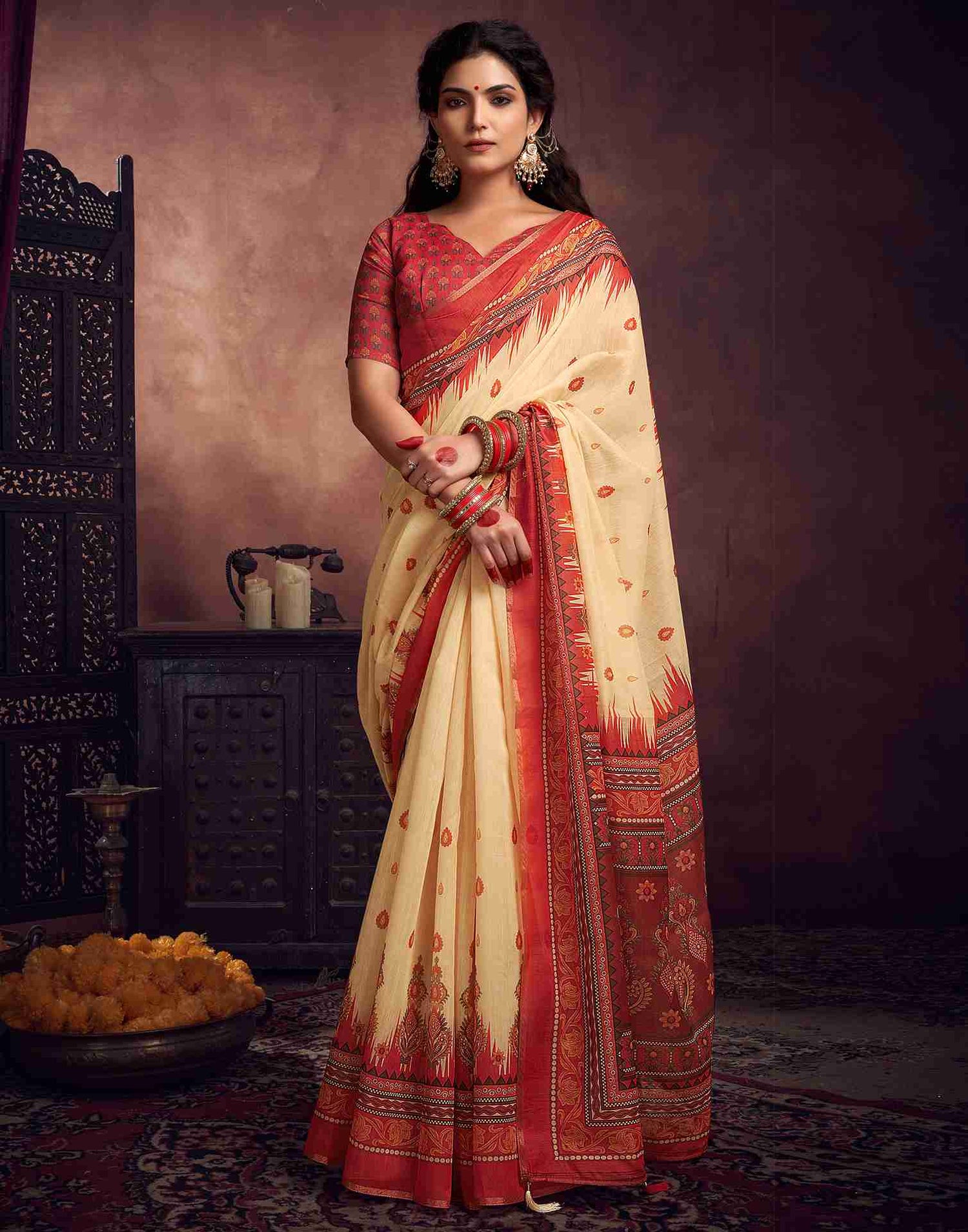 Cream Cotton Printed Saree