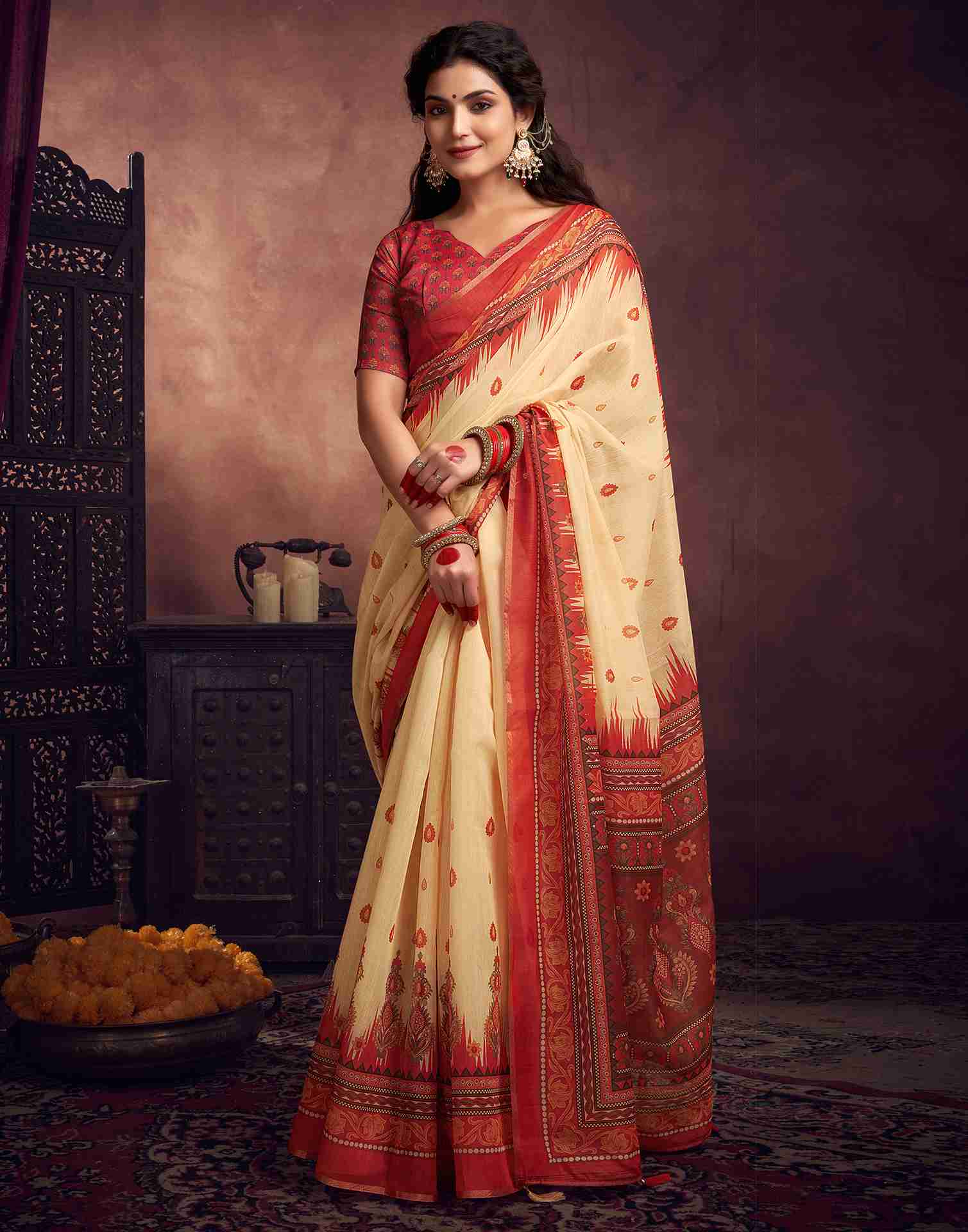 Pastel Yellow Cotton Printed Saree