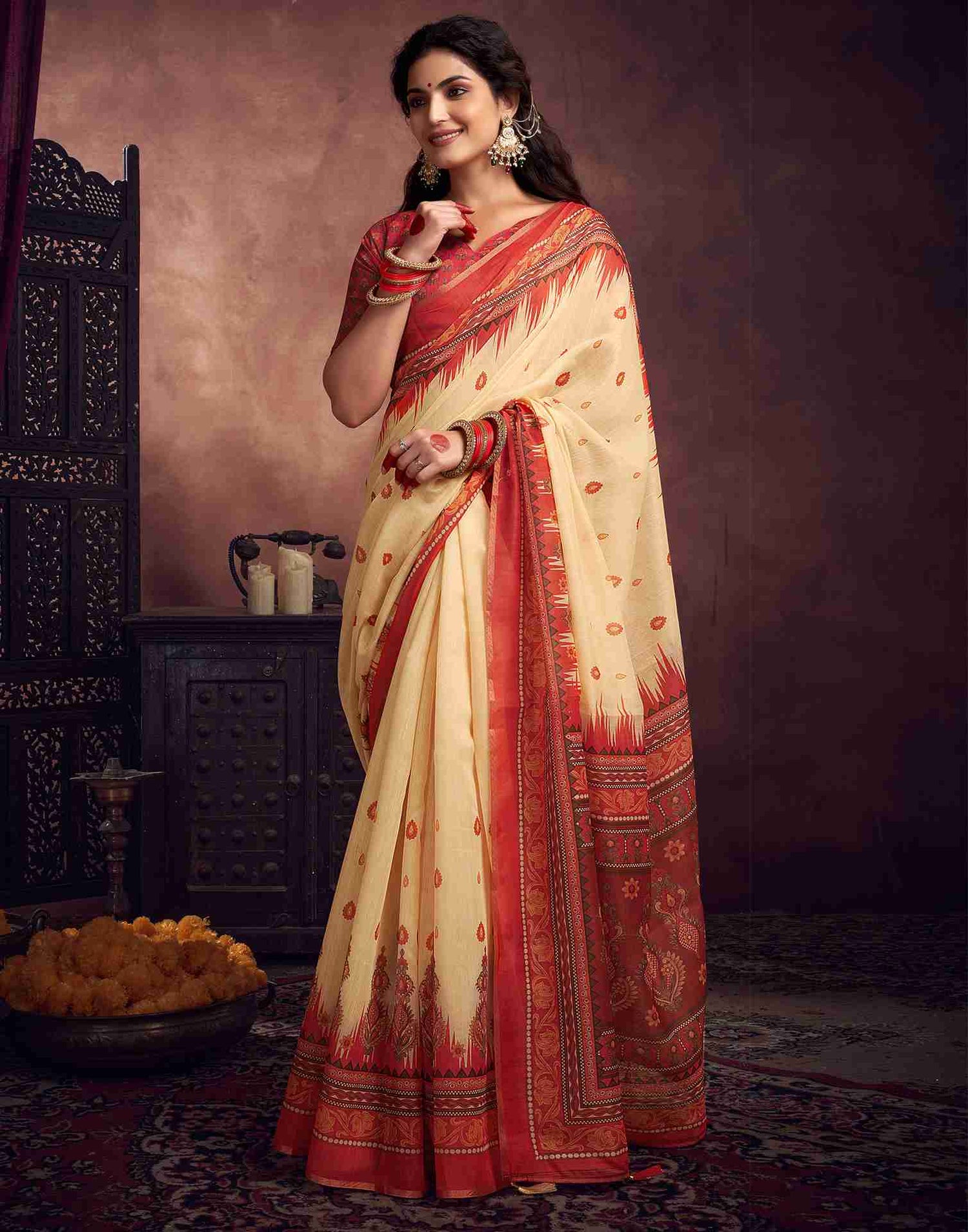 Pastel Yellow Cotton Printed Saree