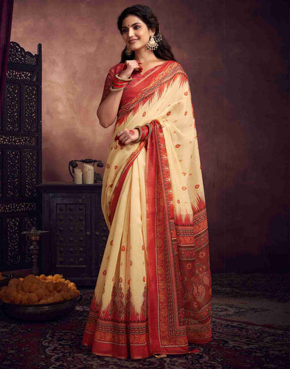 Cream Cotton Printed Saree