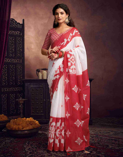 White Cotton Geometric Printed Saree