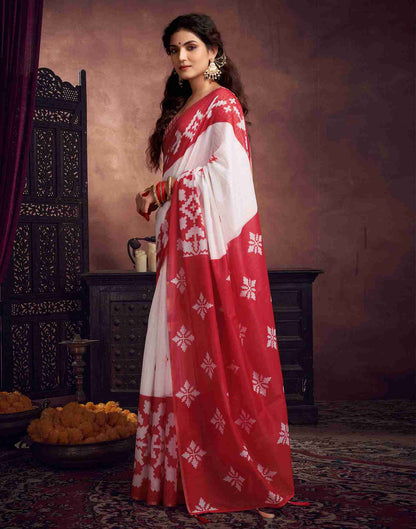 White Cotton Geometric Printed Saree