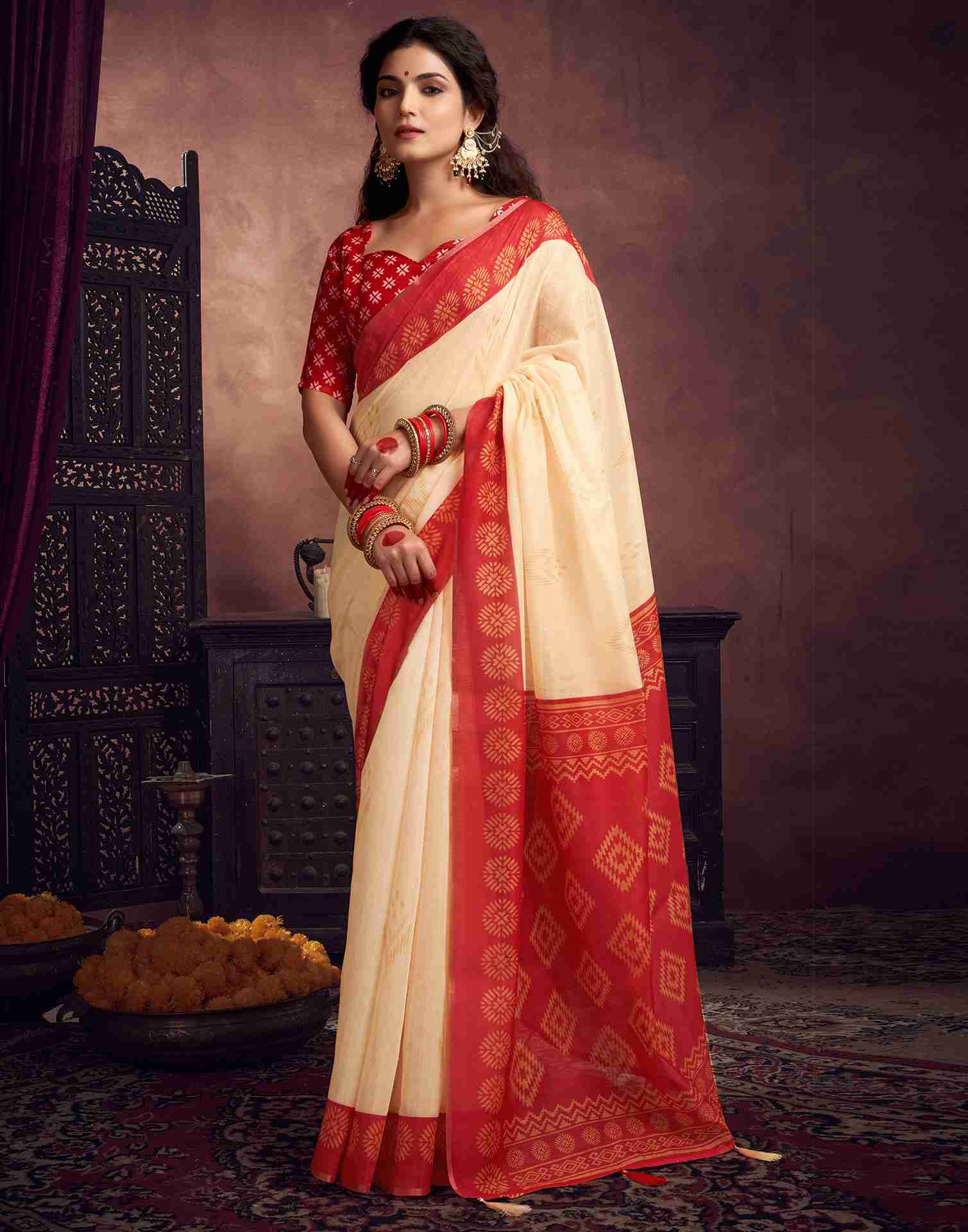 Cream Cotton Printed Saree