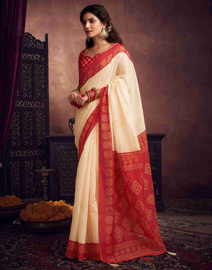 Cream Cotton Printed Saree