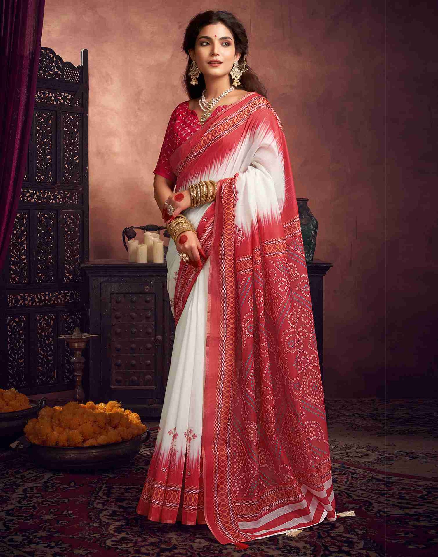 Off White Cotton Printed Saree