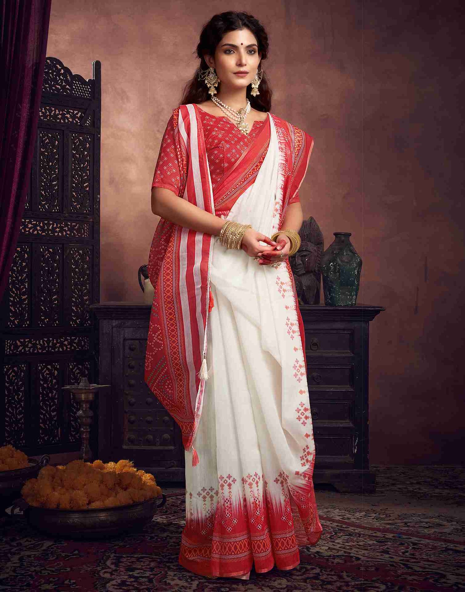 Off White Cotton Printed Saree