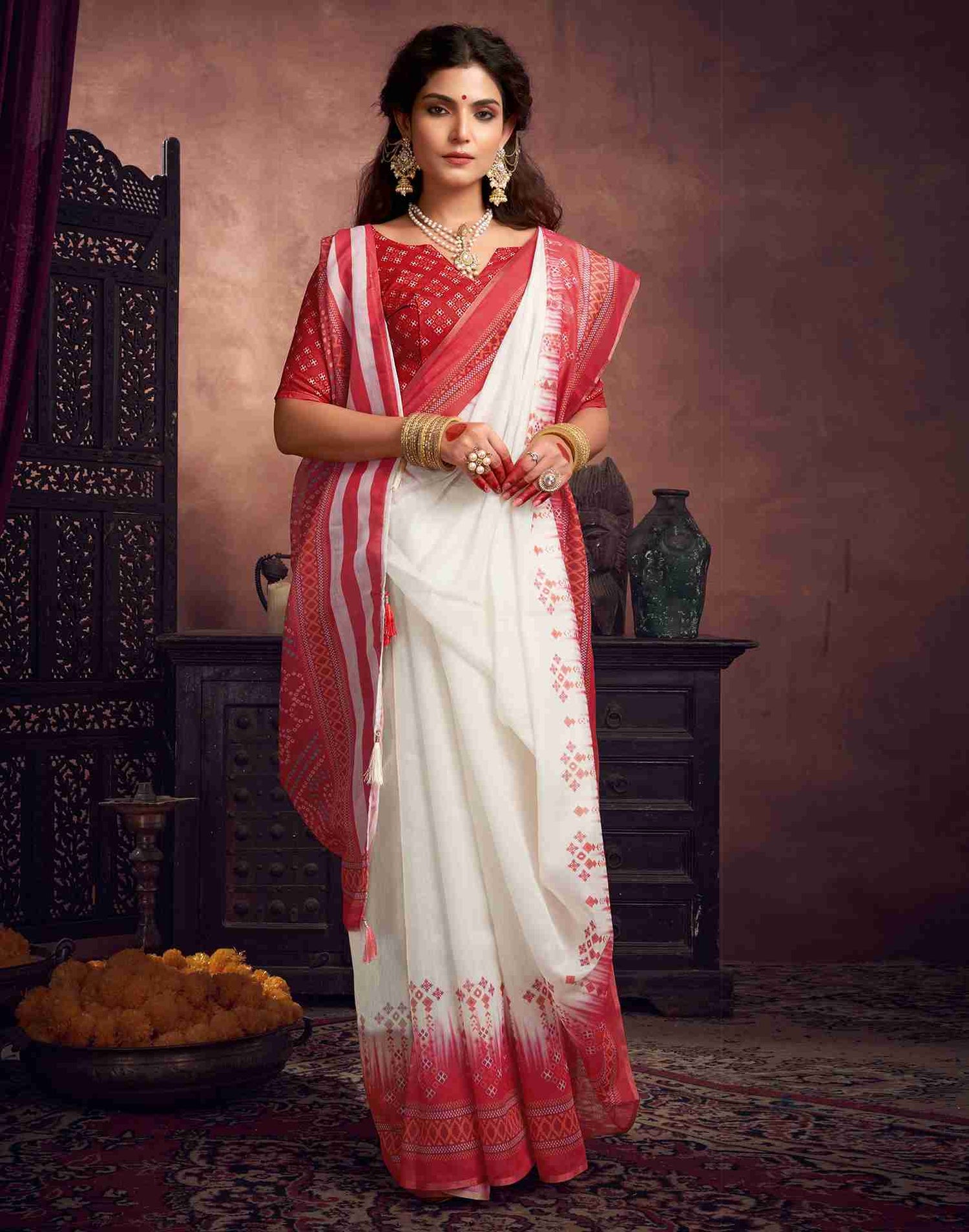 Off White Cotton Printed Saree