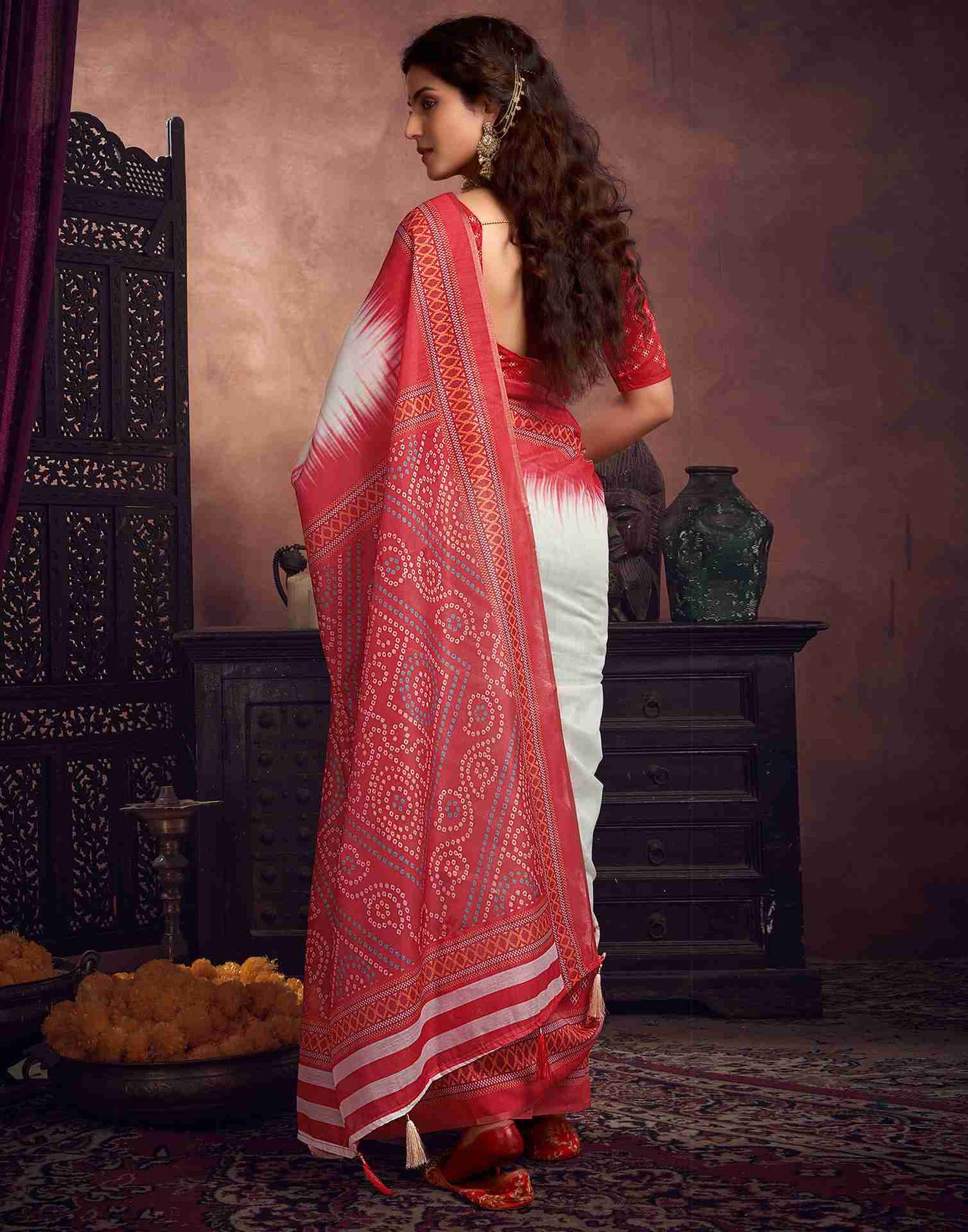 Off White Cotton Printed Saree