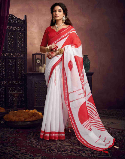 White Cotton Printed Saree