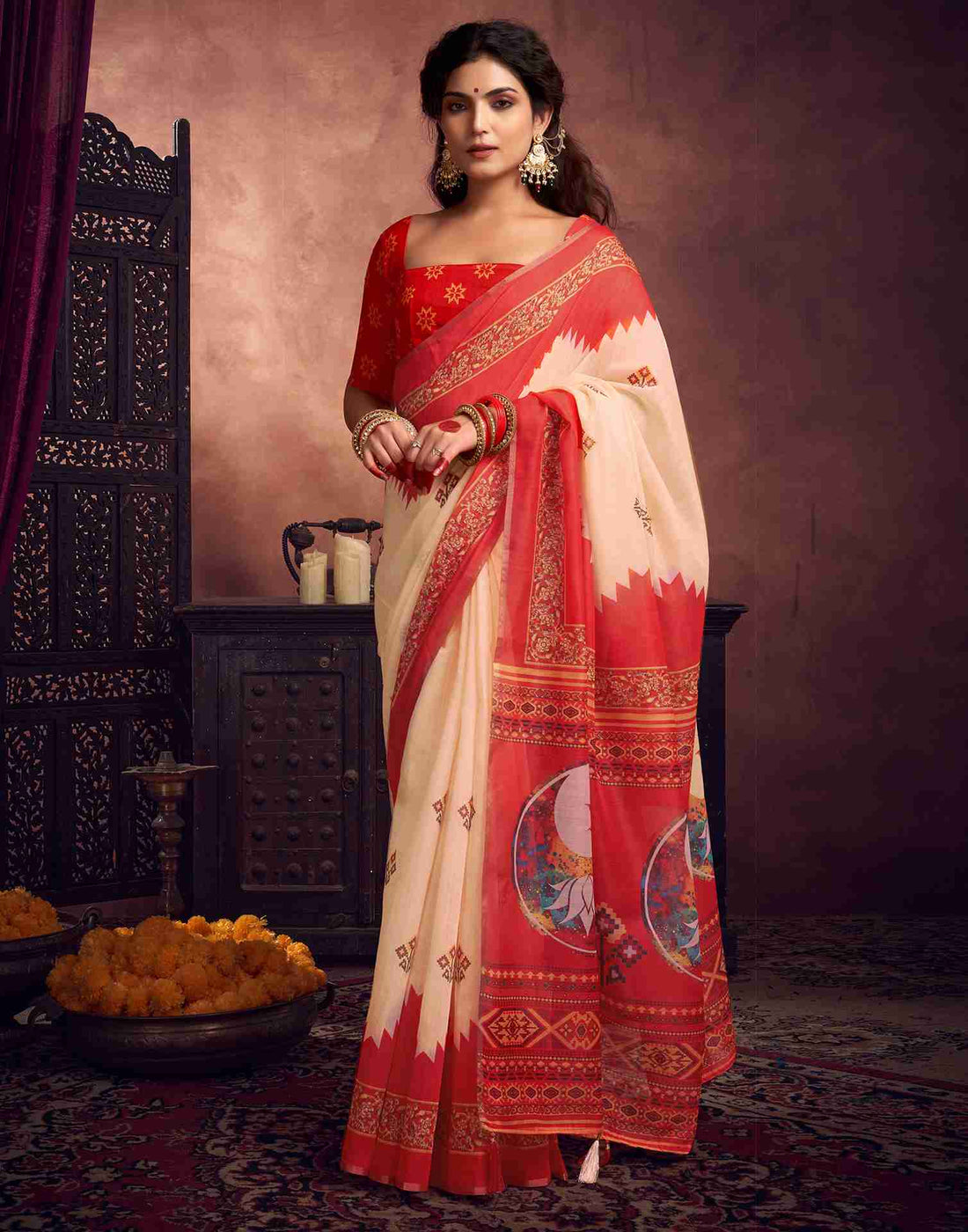 Cream Cotton Printed Saree