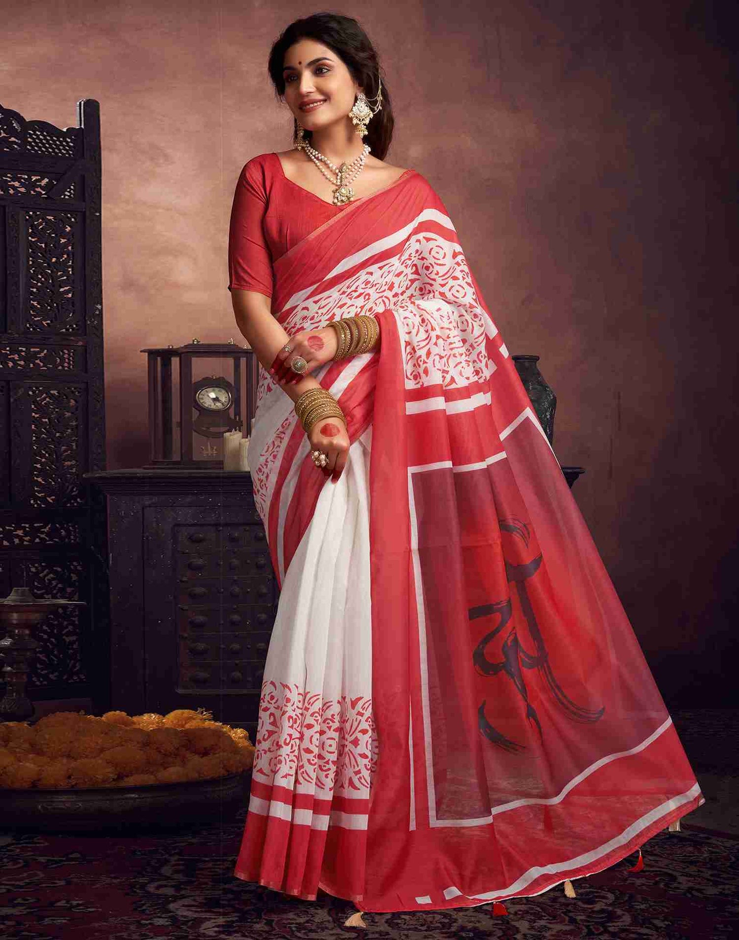 Off White Cotton Printed Saree