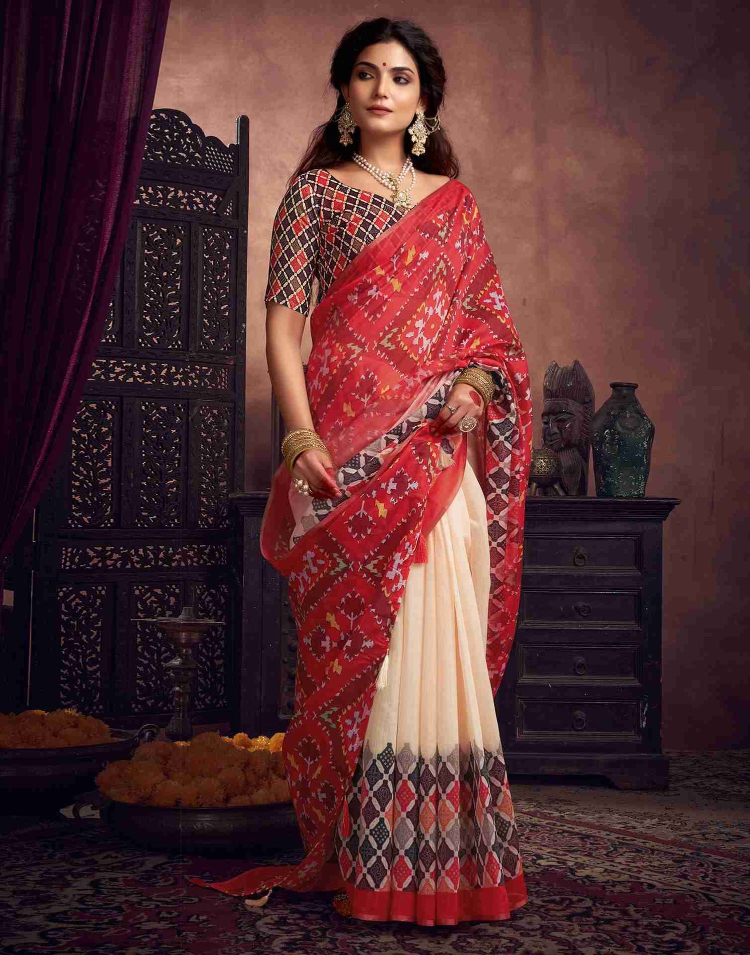 Red Cotton Printed Saree