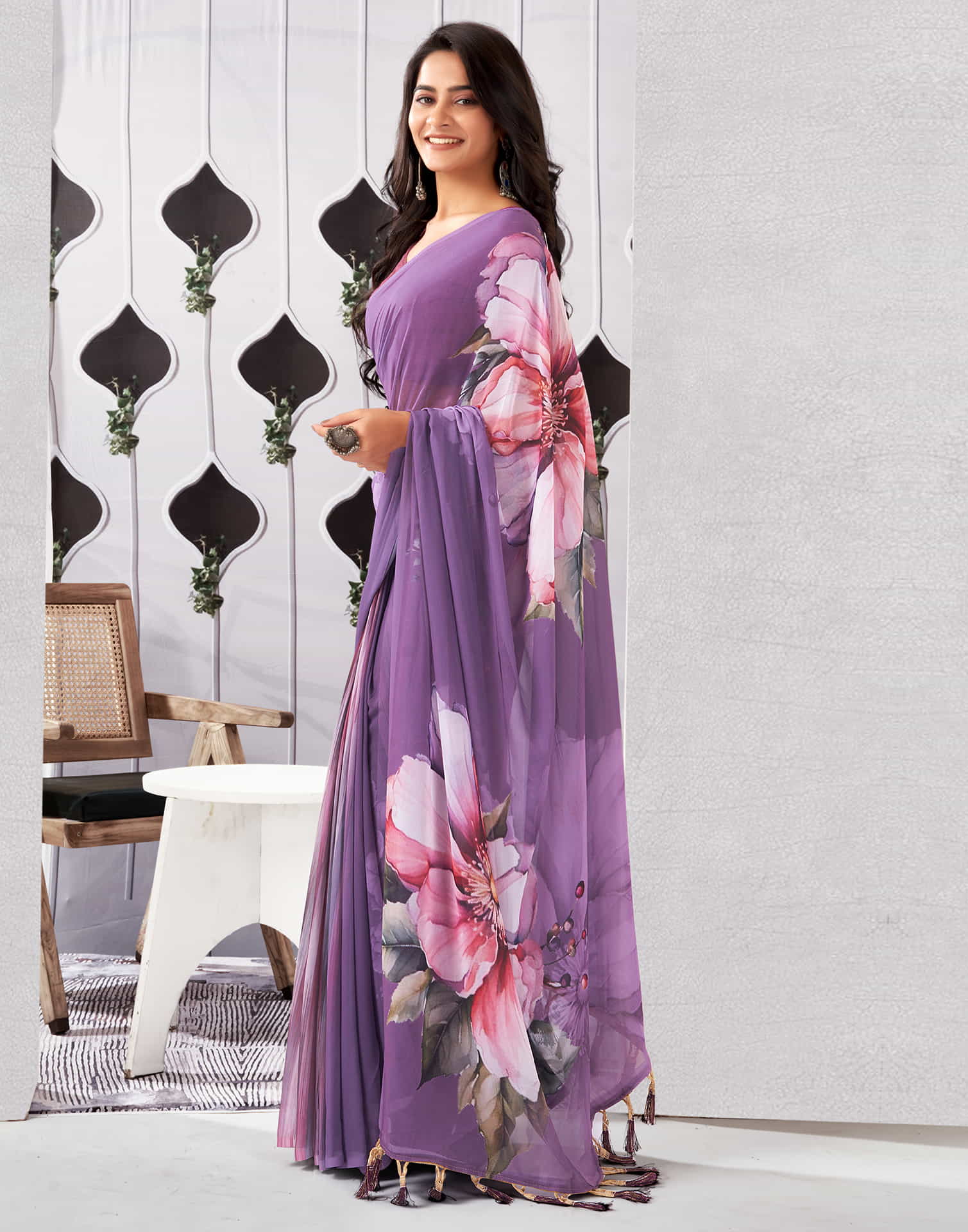 Dusty Purple Georgette Printed Saree