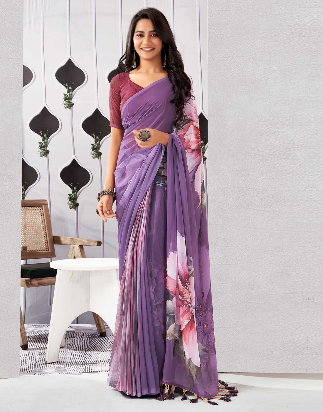 Dusty Purple Georgette Printed Saree