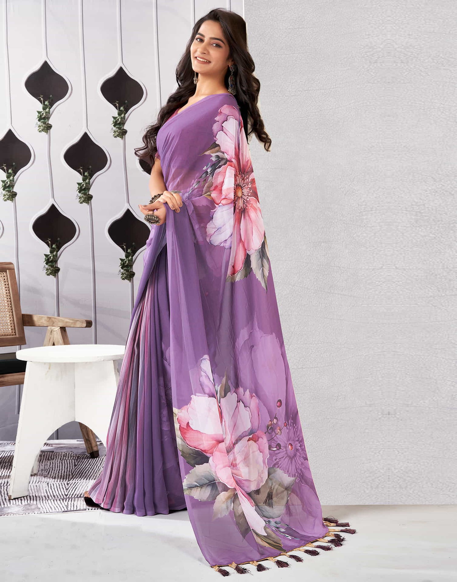 Dusty Purple Georgette Printed Saree