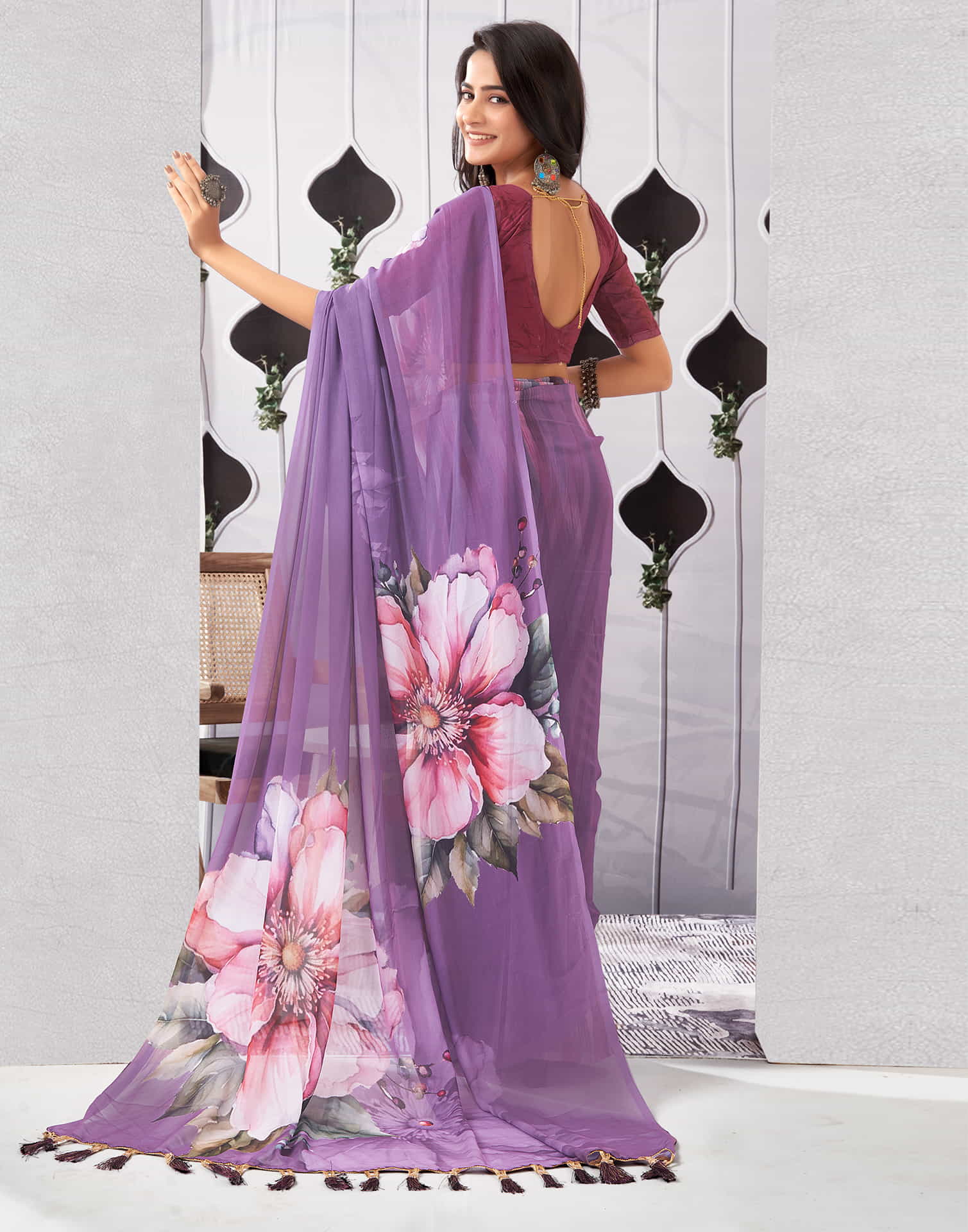 Dusty Purple Georgette Printed Saree