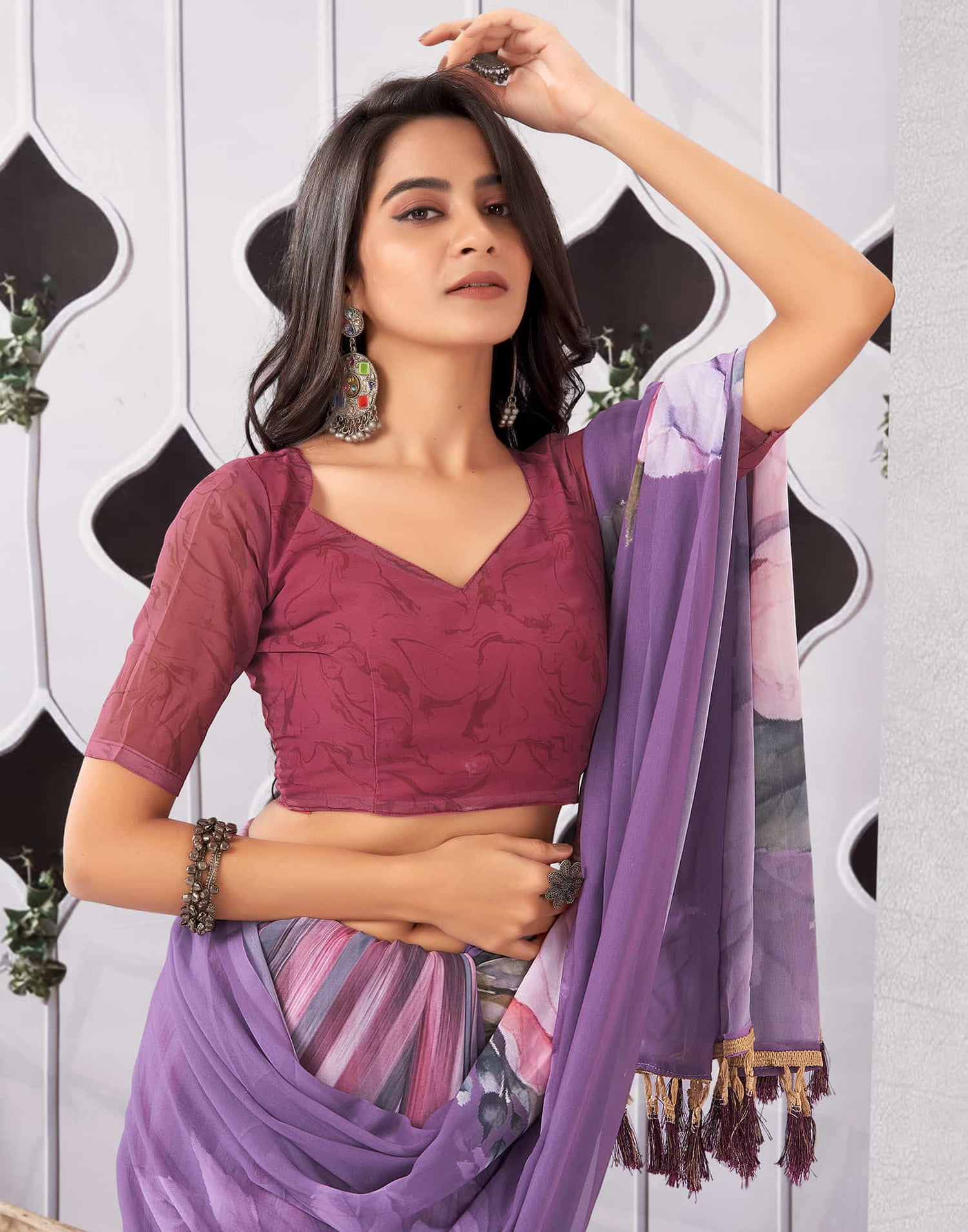 Dusty Purple Georgette Printed Saree