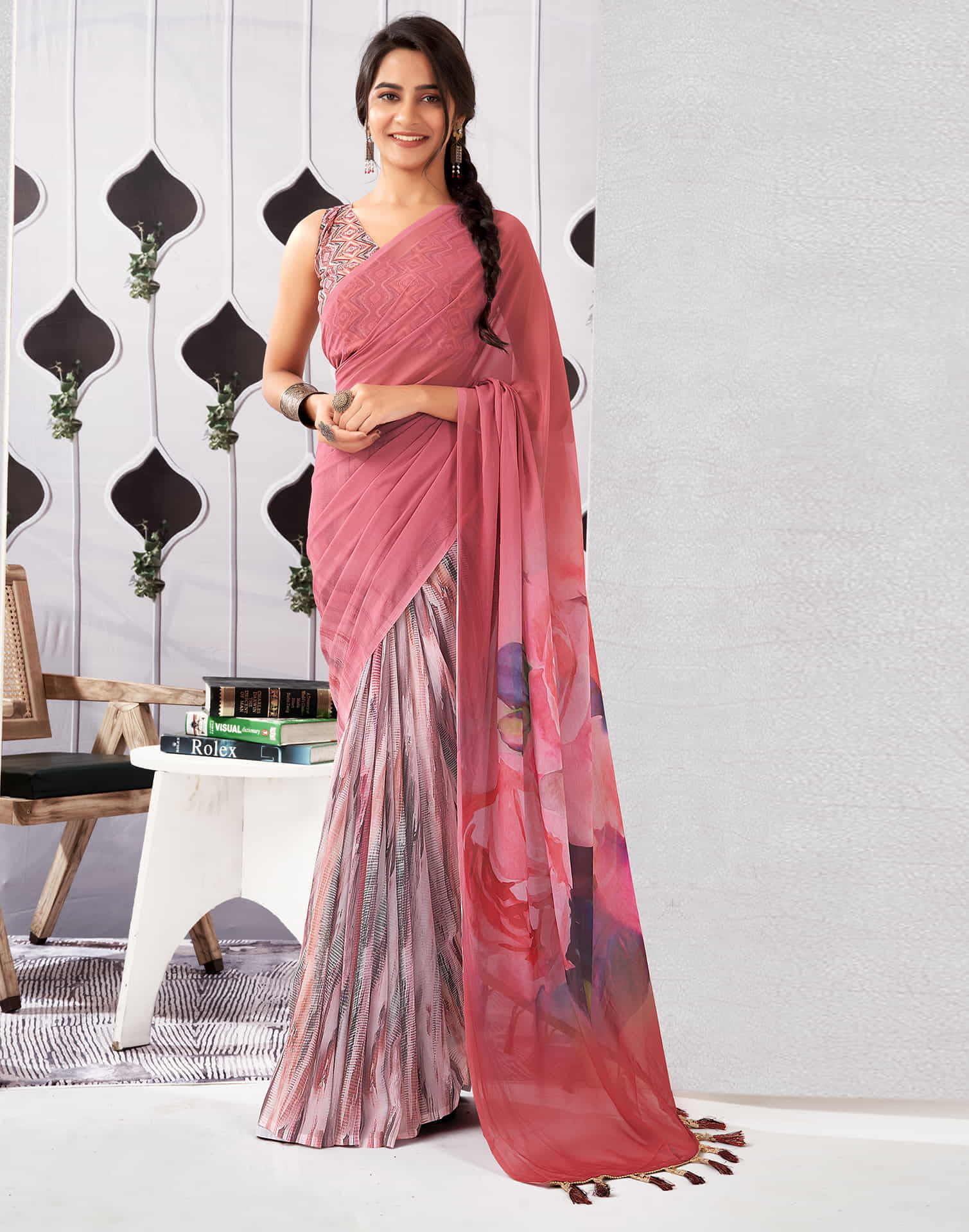 Rose Pink Georgette Printed Saree