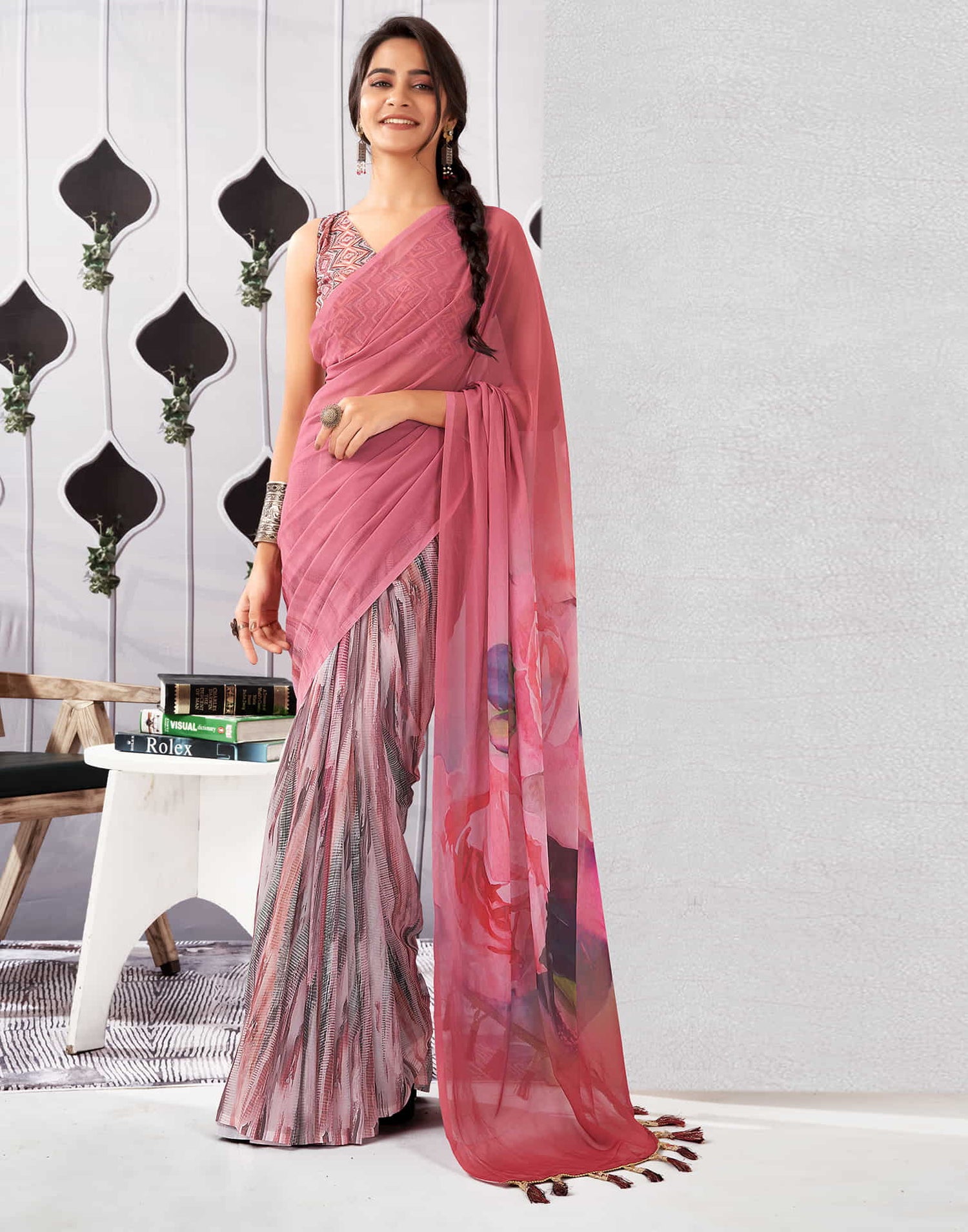 Rose Pink Georgette Printed Saree