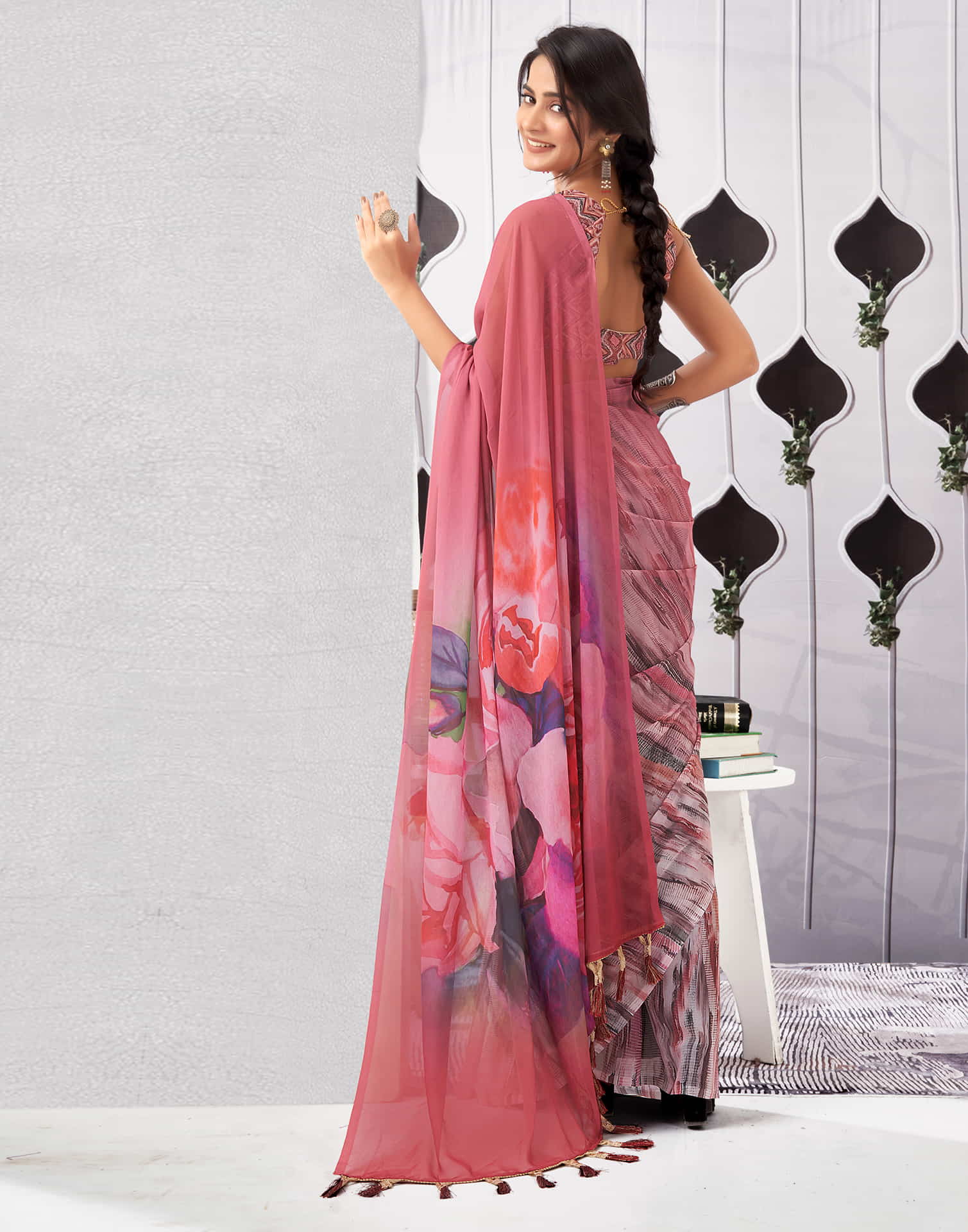 Rose Pink Georgette Printed Saree