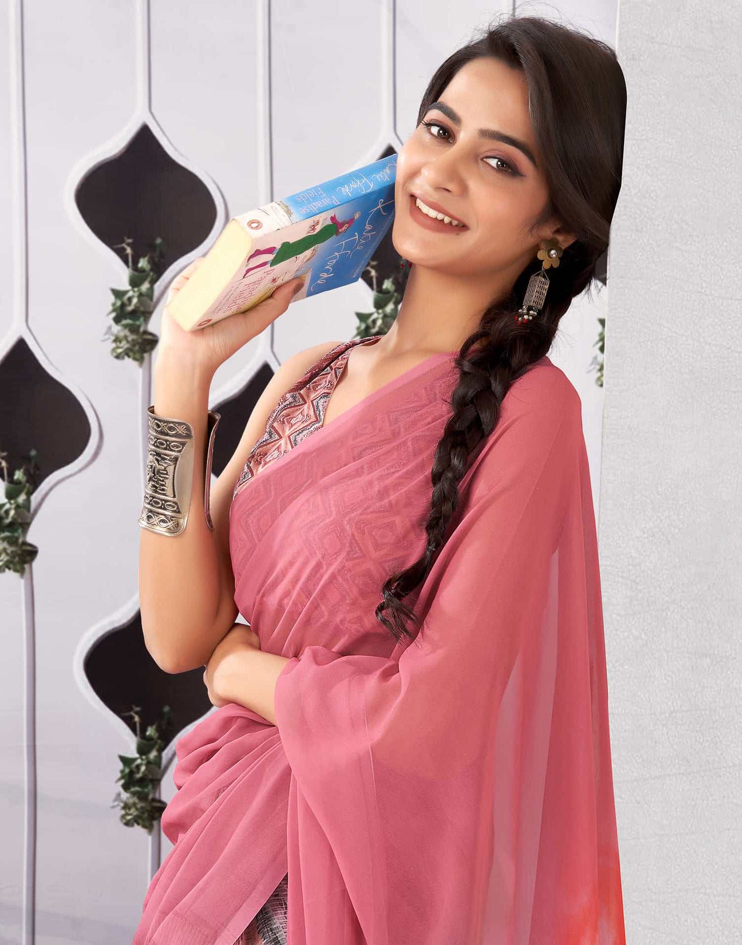 Rose Pink Georgette Printed Saree