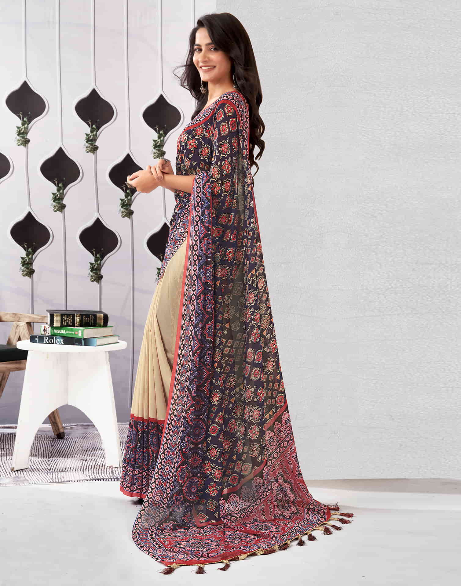 Dark Navy Blue Georgette Printed Saree