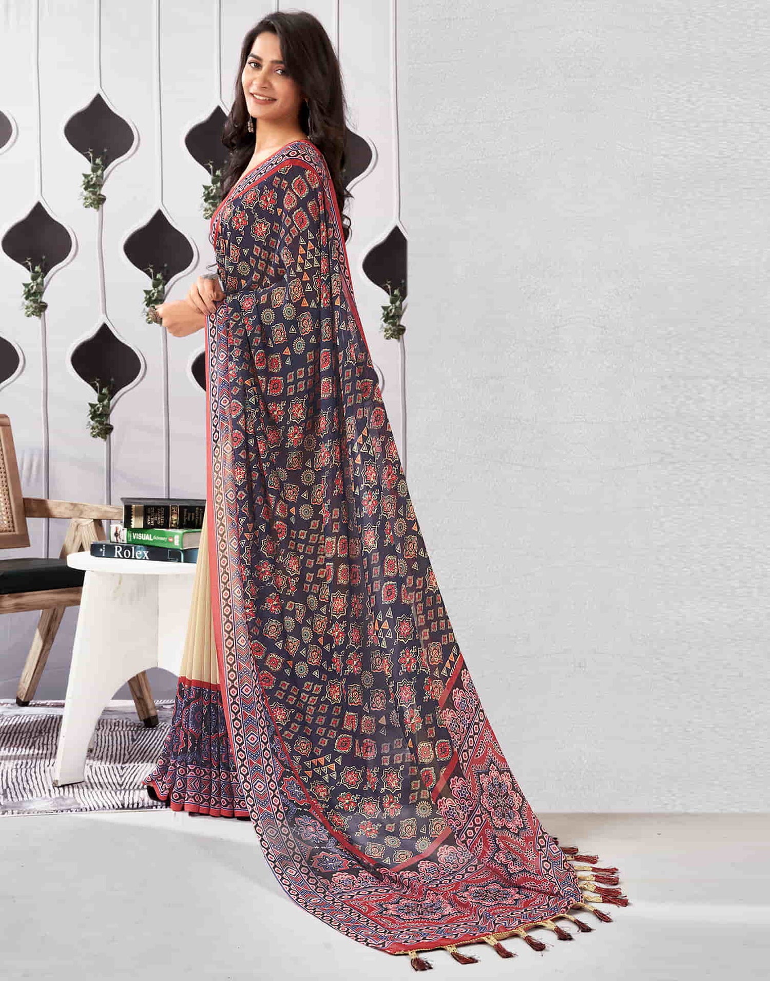 Dark Navy Blue Georgette Printed Saree