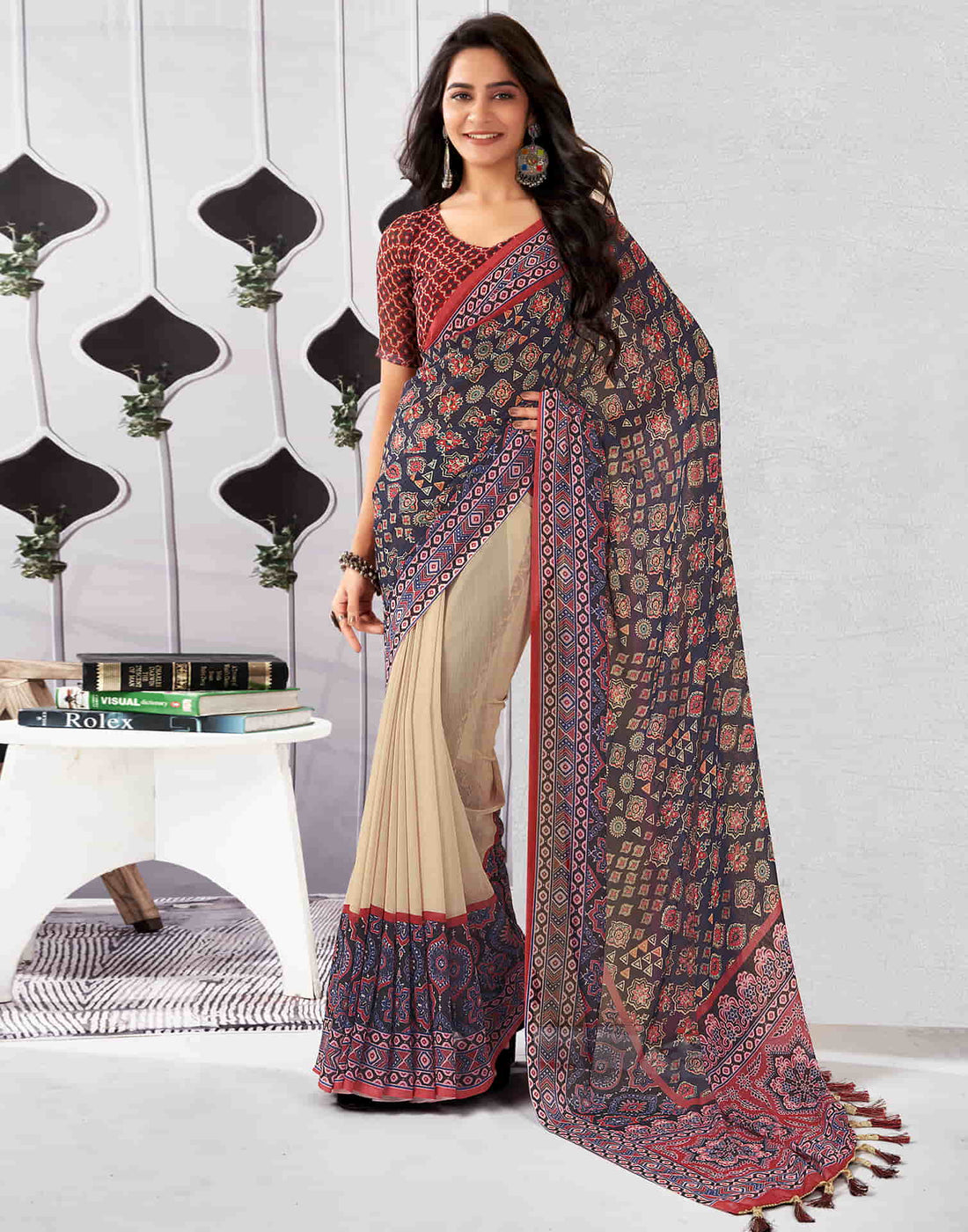 Dark Navy Blue Georgette Printed Saree