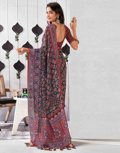 Dark Navy Blue Georgette Printed Saree