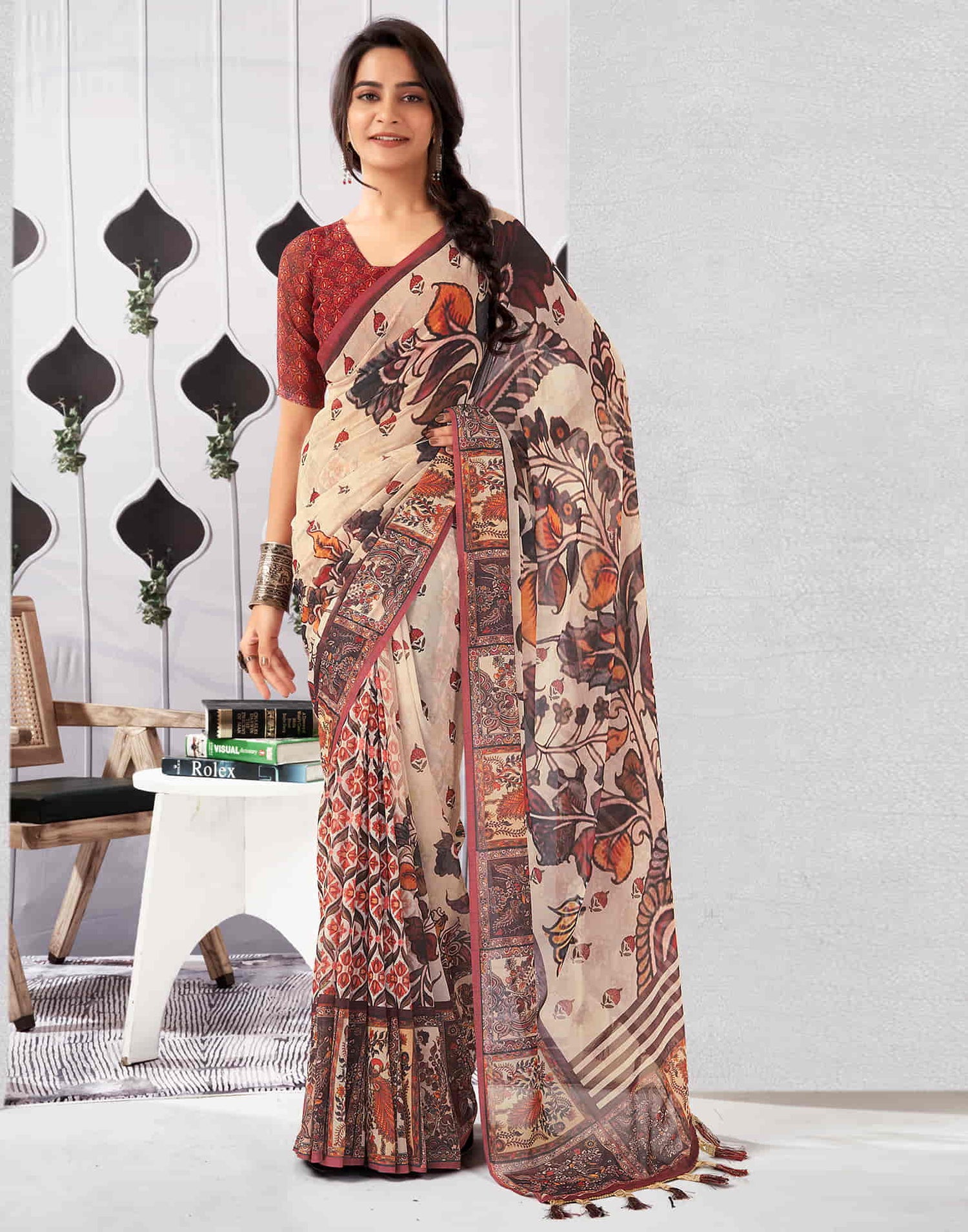 Beige Georgette Printed Saree