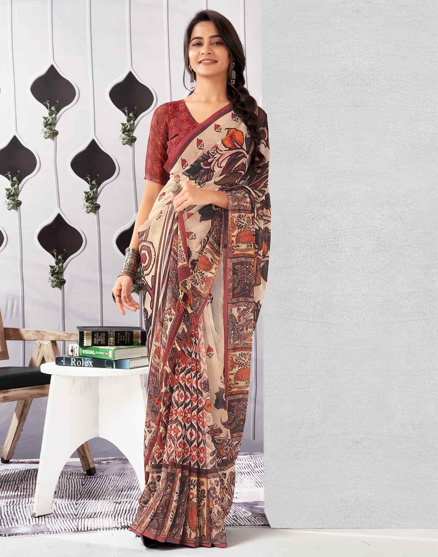 Beige Georgette Printed Saree