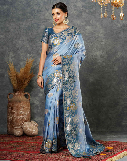 Dusty Blue Cotton Woven Banarasi Saree