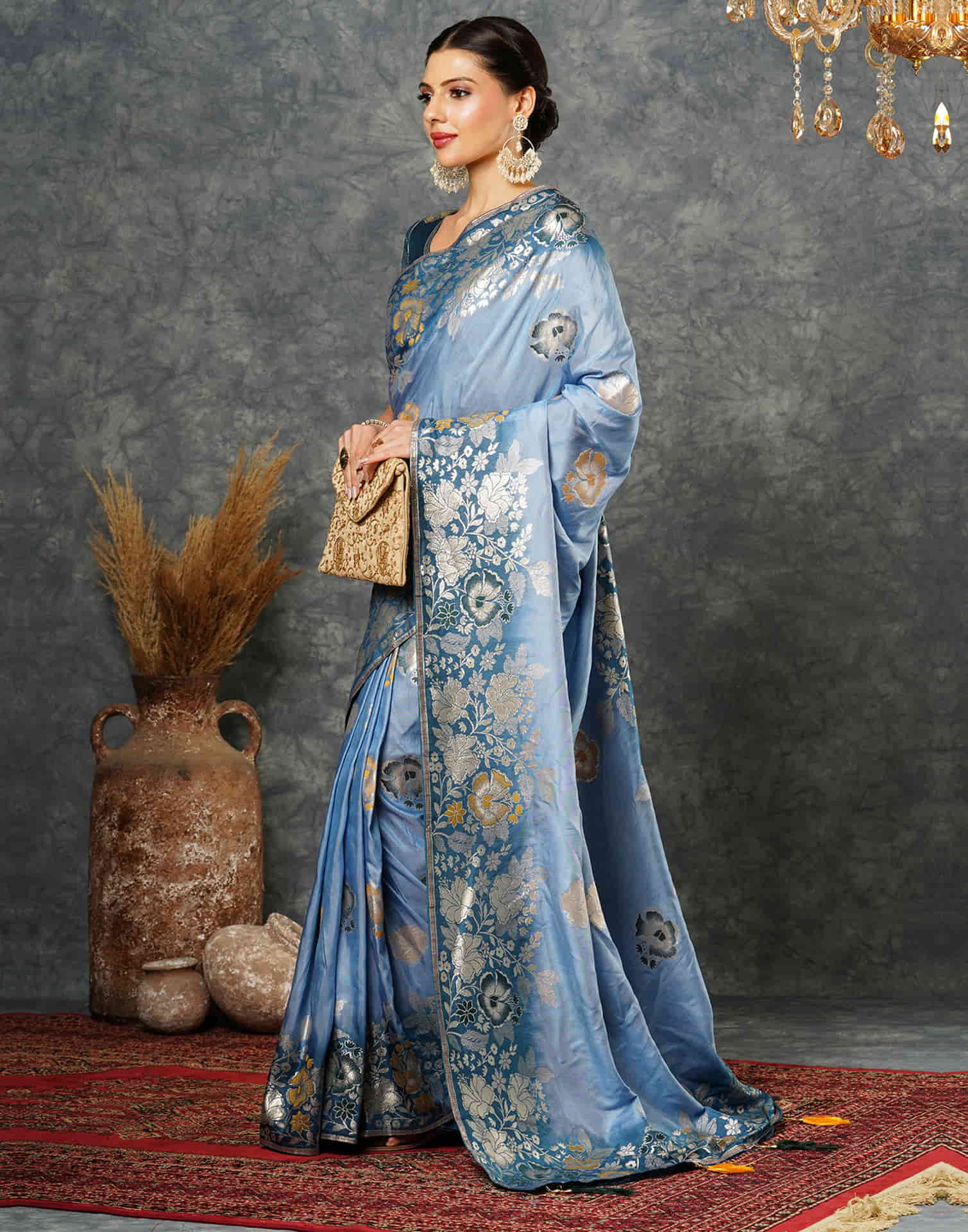 Dusty Blue Cotton Woven Banarasi Saree