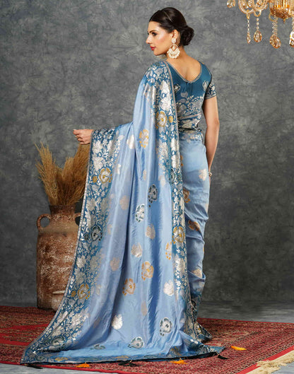 Dusty Blue Cotton Woven Banarasi Saree