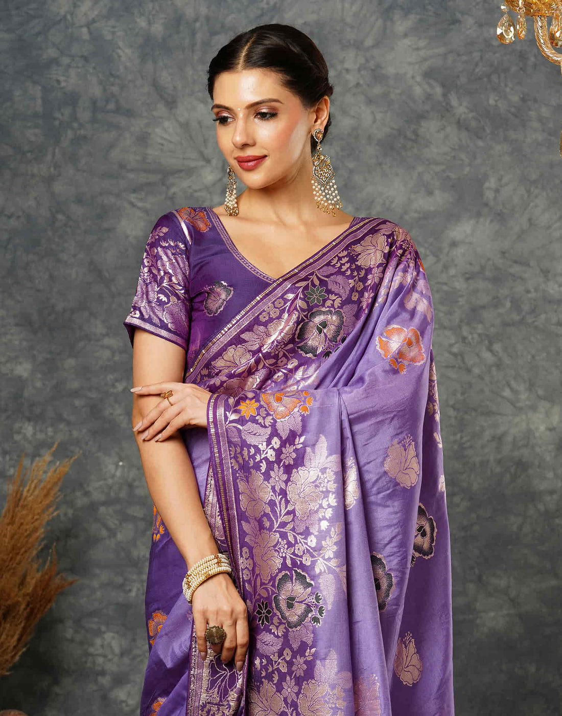 Light Purple Cotton Woven Banarasi Saree