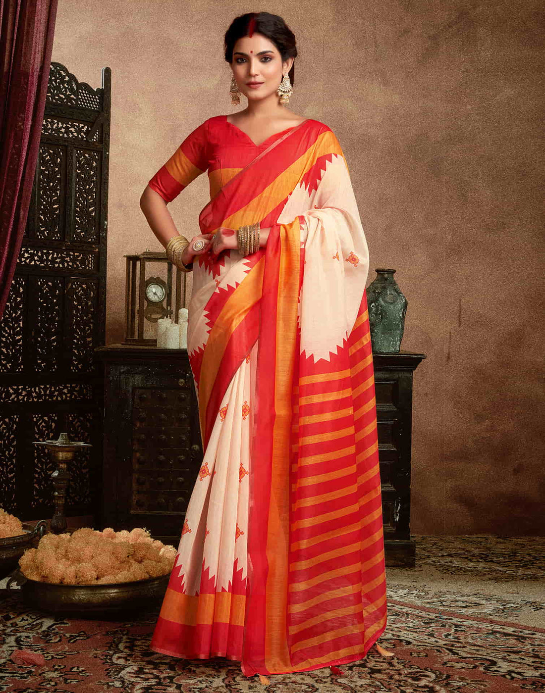 Cream Cotton Printed Saree