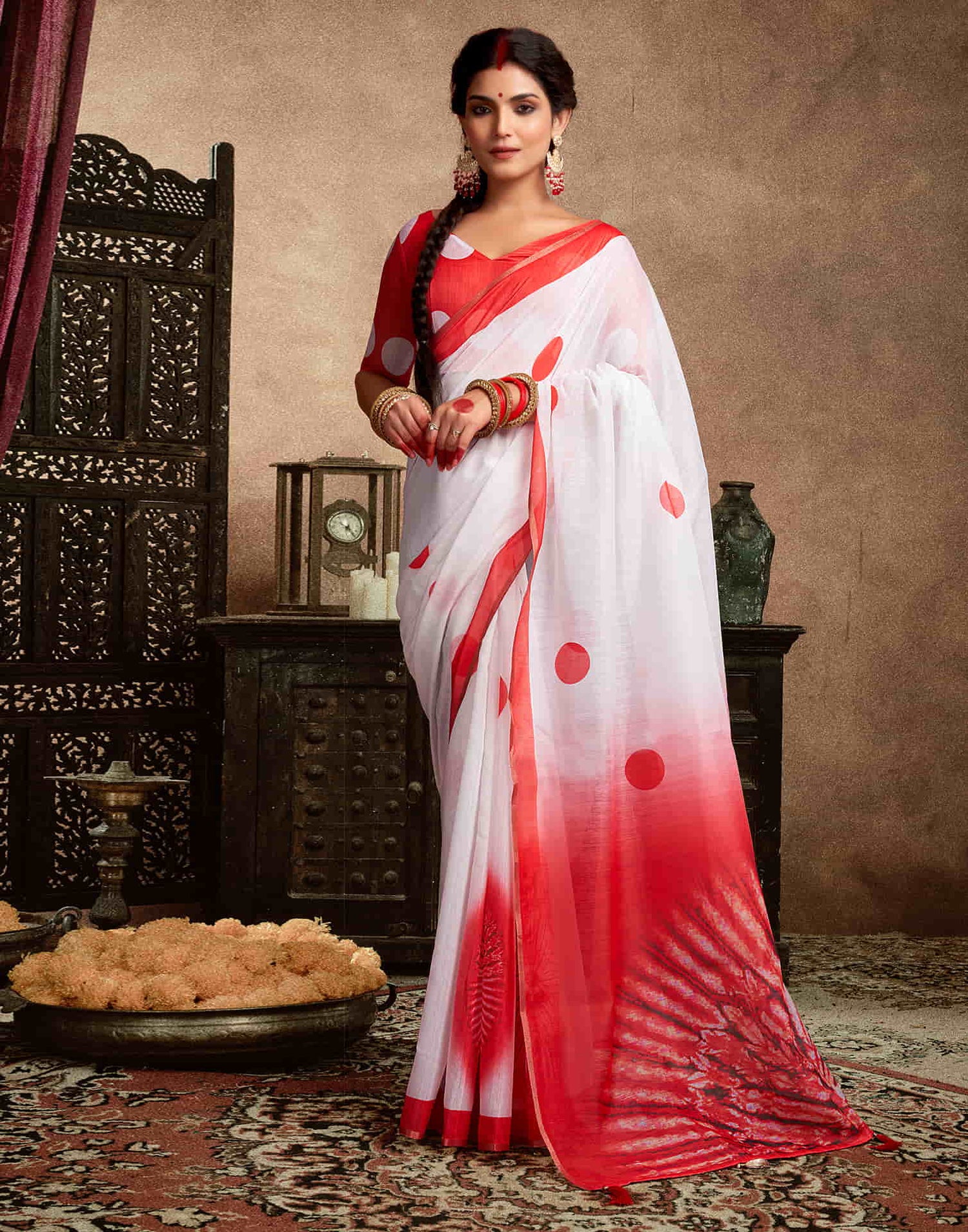 White Cotton Printed Saree