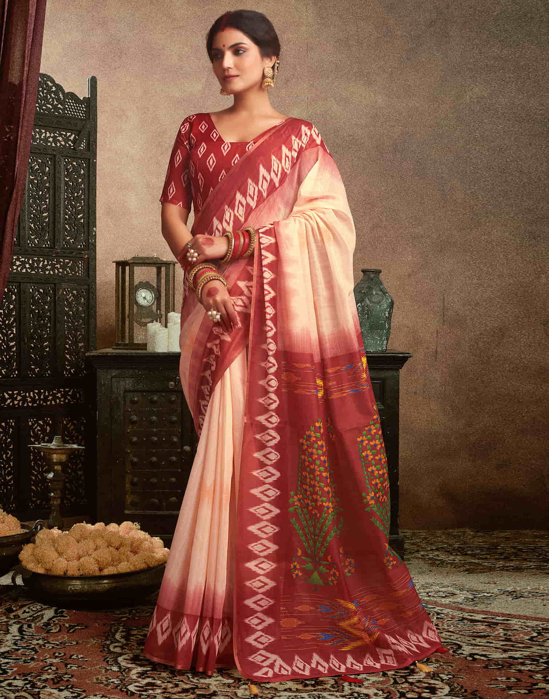 Cream Cotton Printed Saree