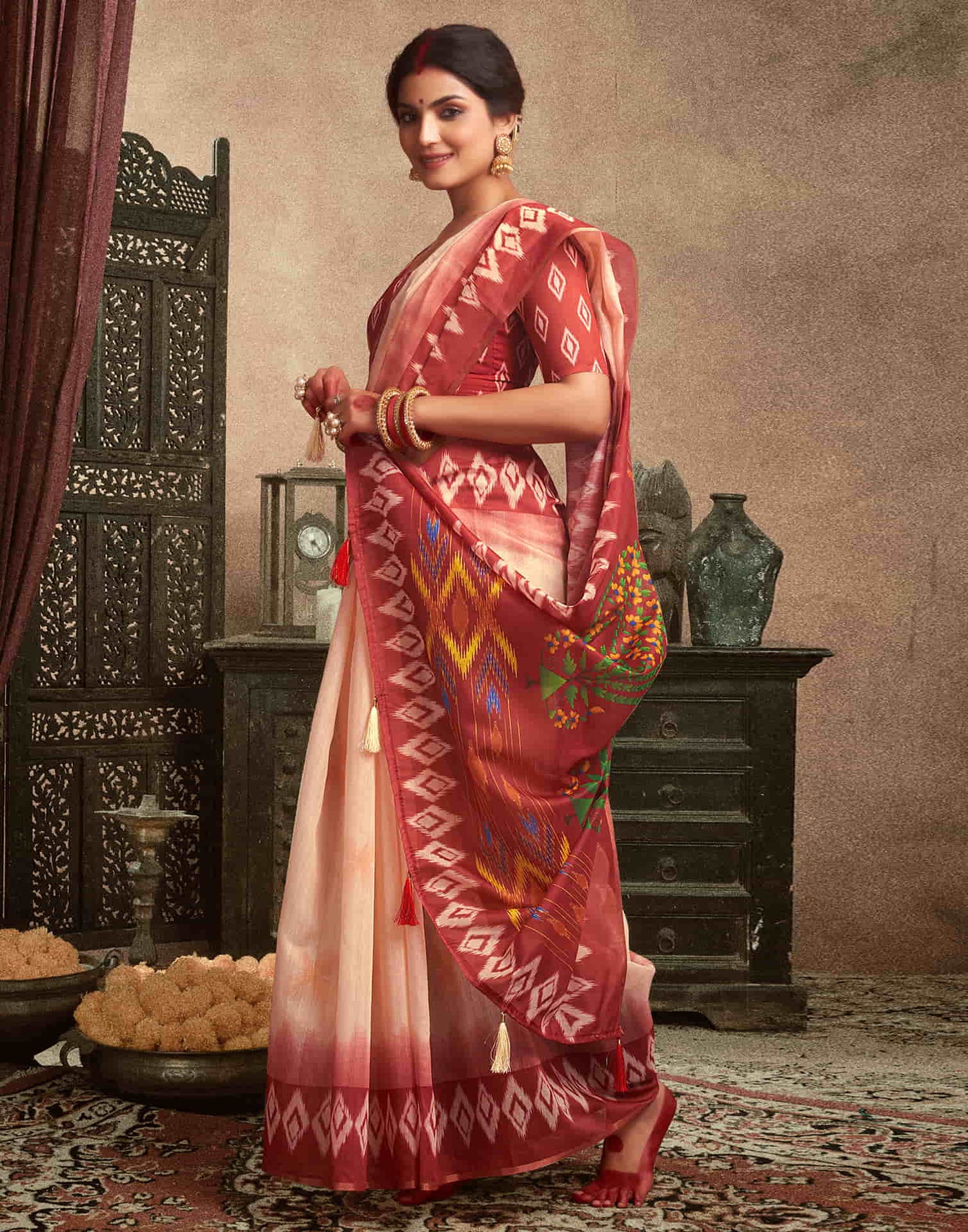 Cream Cotton Printed Saree