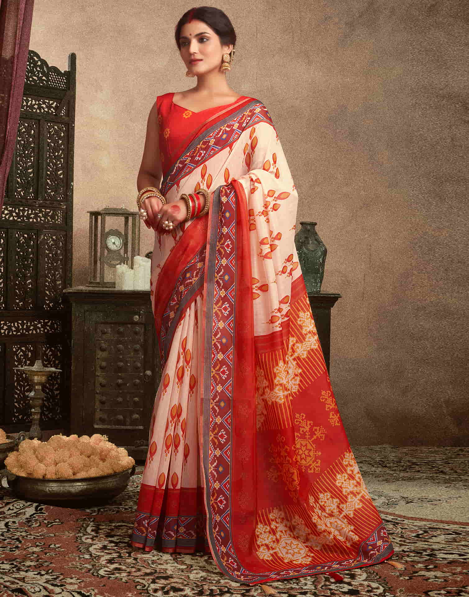 Cream Cotton Printed Saree