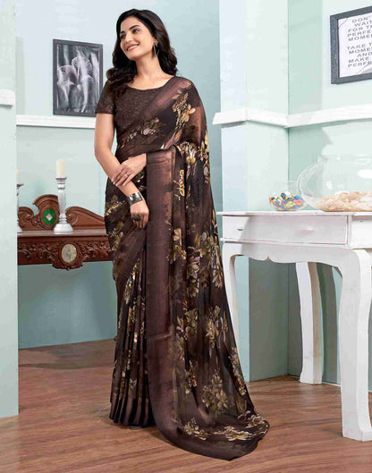 Brown Georgette Printed Saree