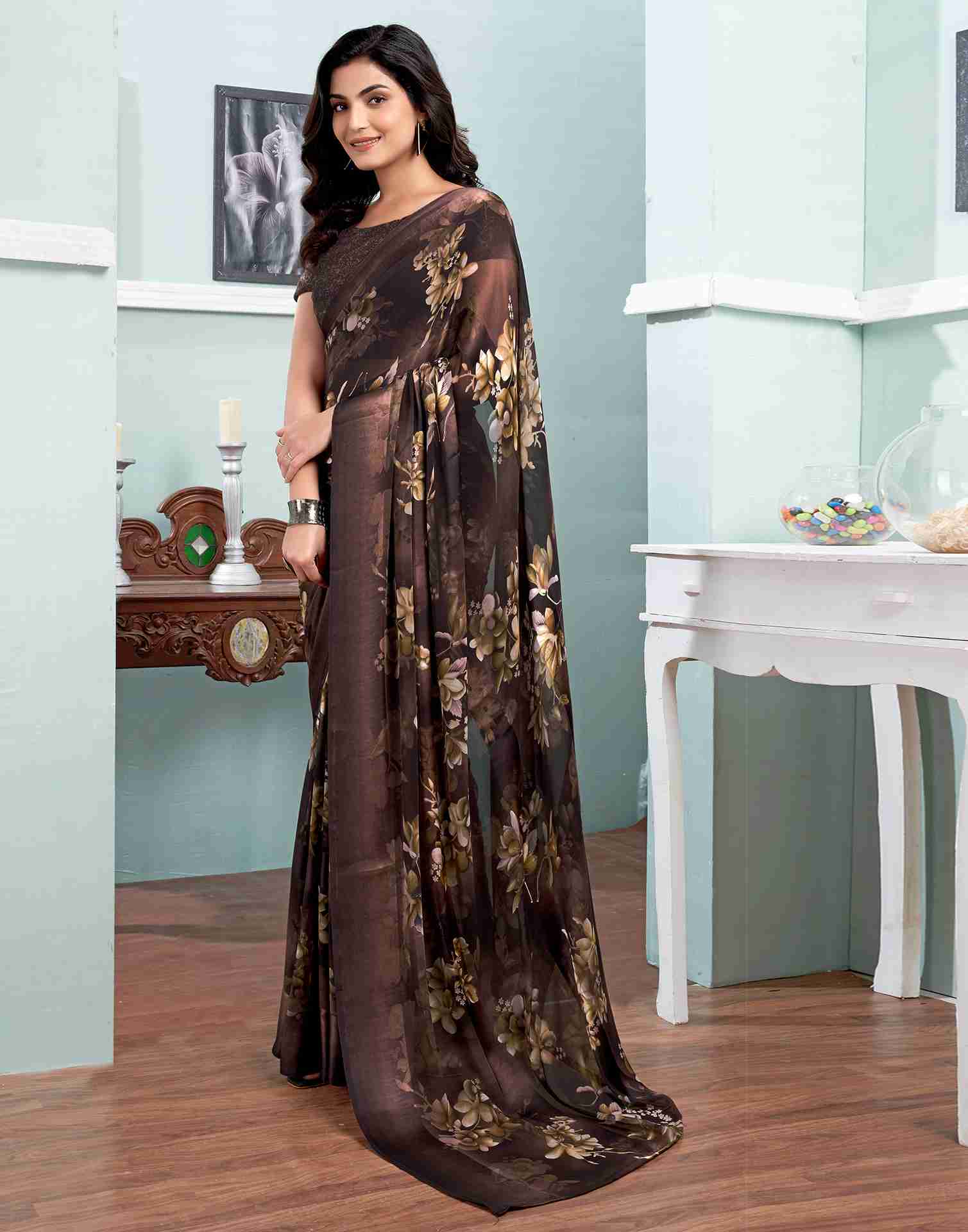 Brown Georgette Printed Saree