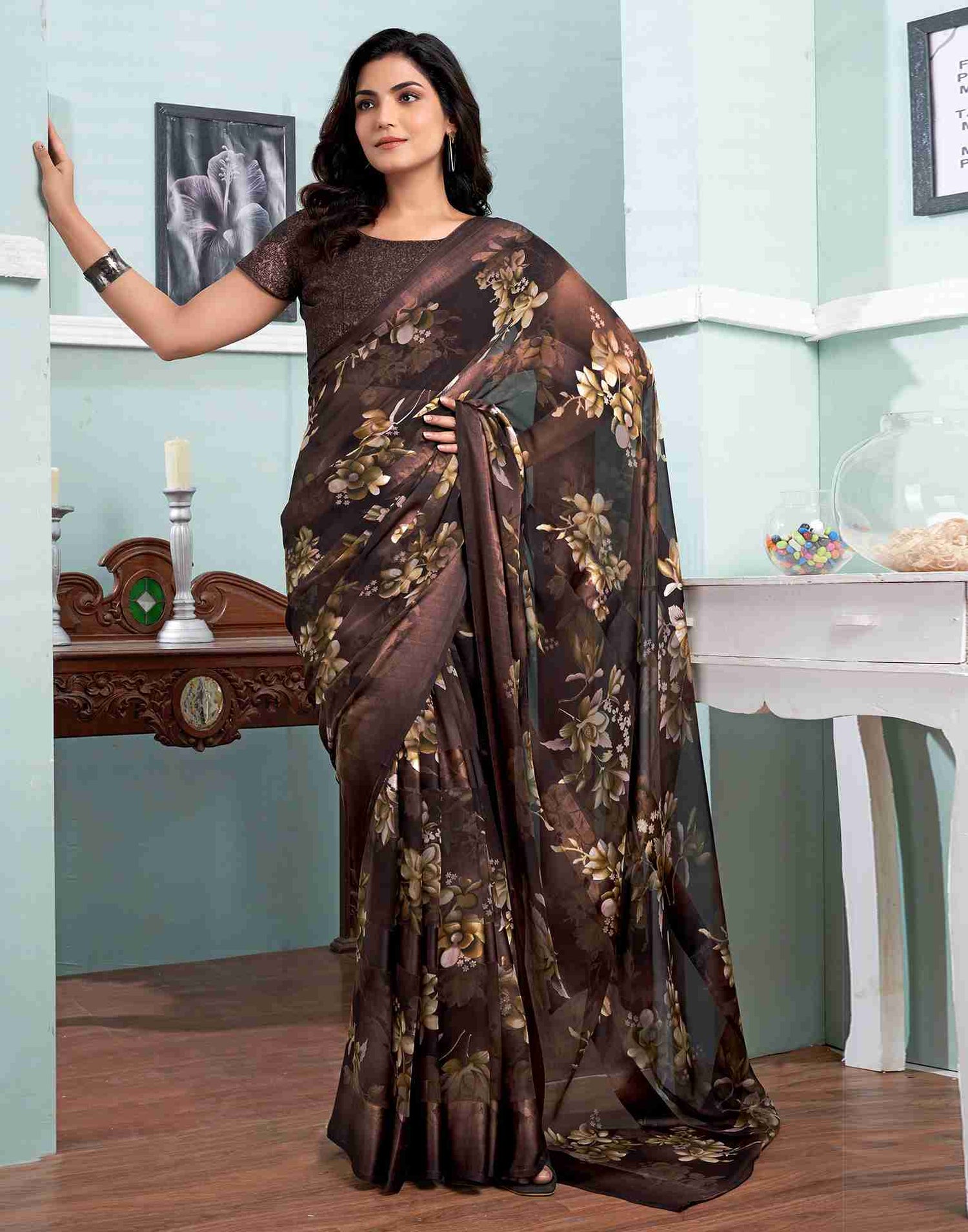 Brown Georgette Printed Saree