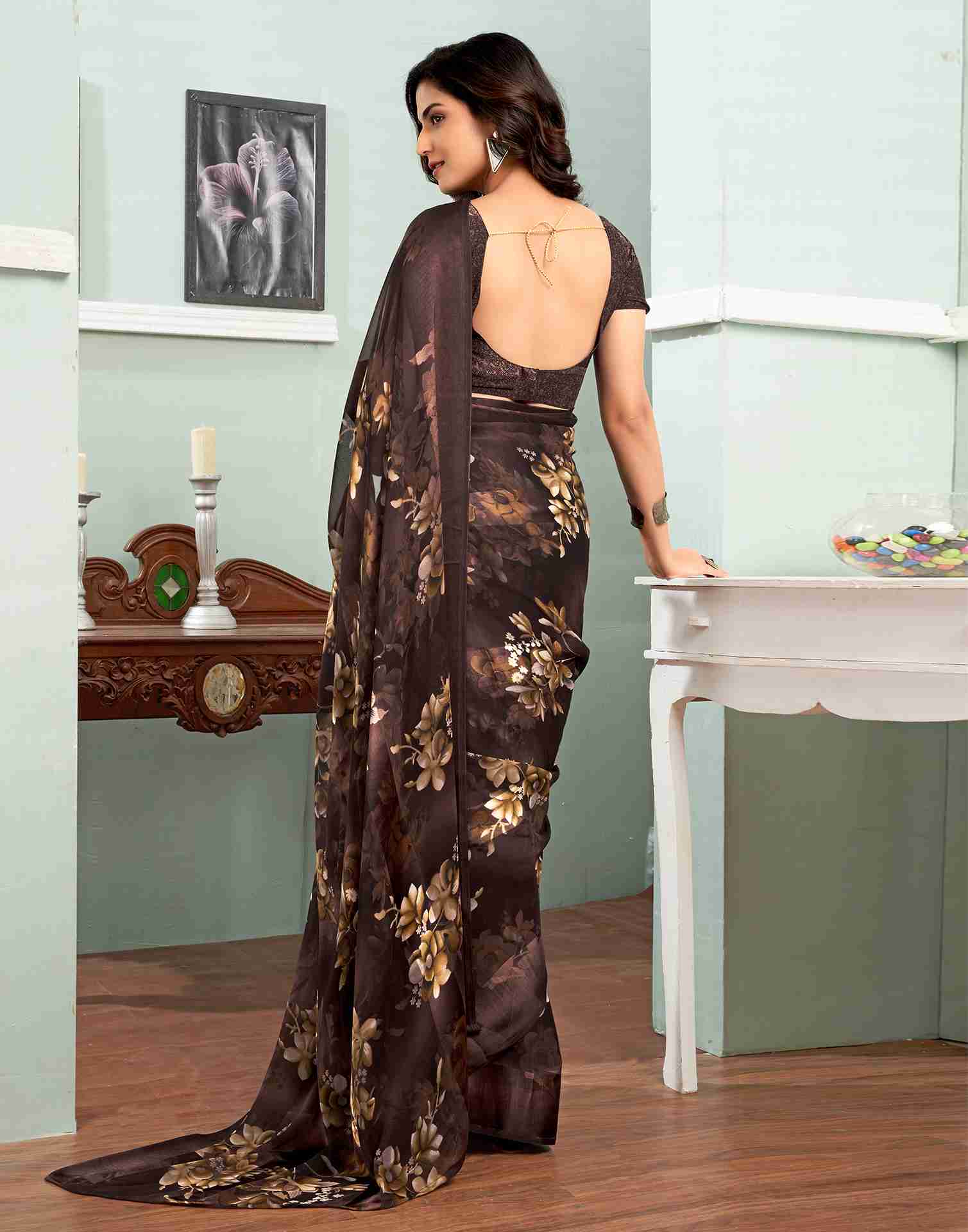 Brown Georgette Printed Saree