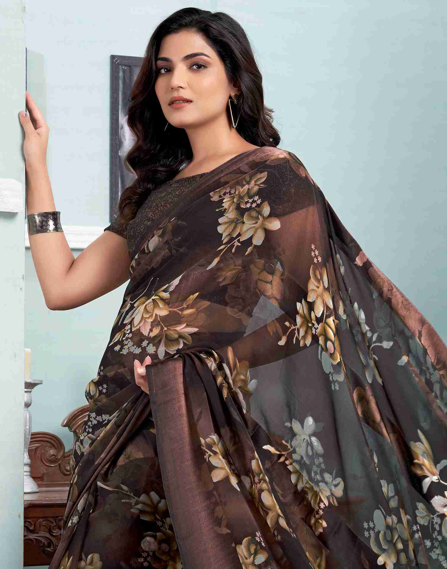 Brown Georgette Printed Saree